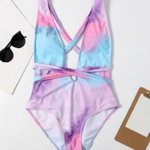 Tie-Dye Plunging V-neck One piece Swim